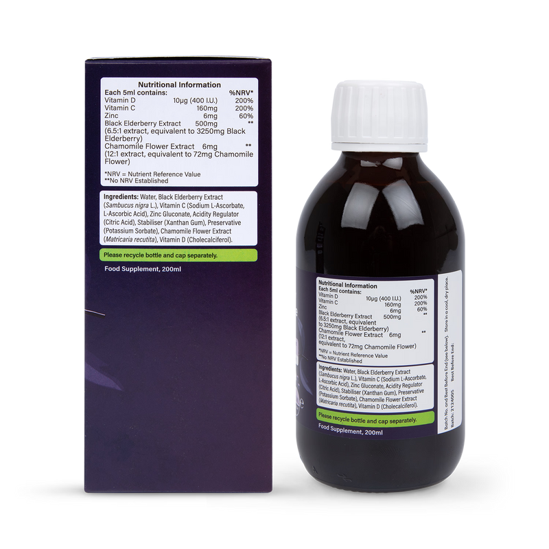 Elderberry Night-Time Immune Support Liquid with Vitamins C & D, Zinc and Chamomile 200ml