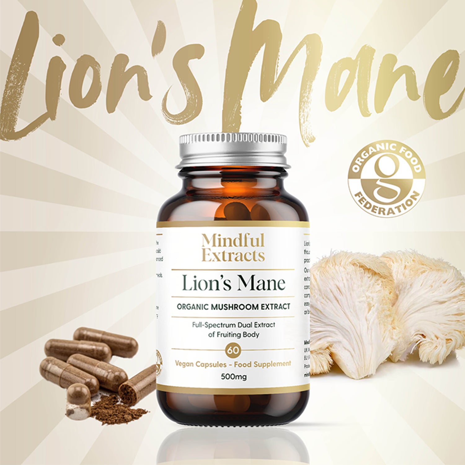 Mindful Extracts Organic Lions Mane Mushroom Extract 60 Vegan Capsules