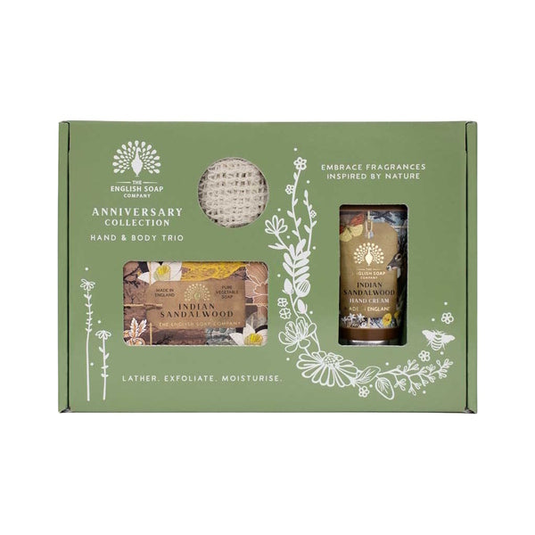 Indian Sandalwood Hand and Body Gift Set with Soap, Cream, and Exfoliating Pouch