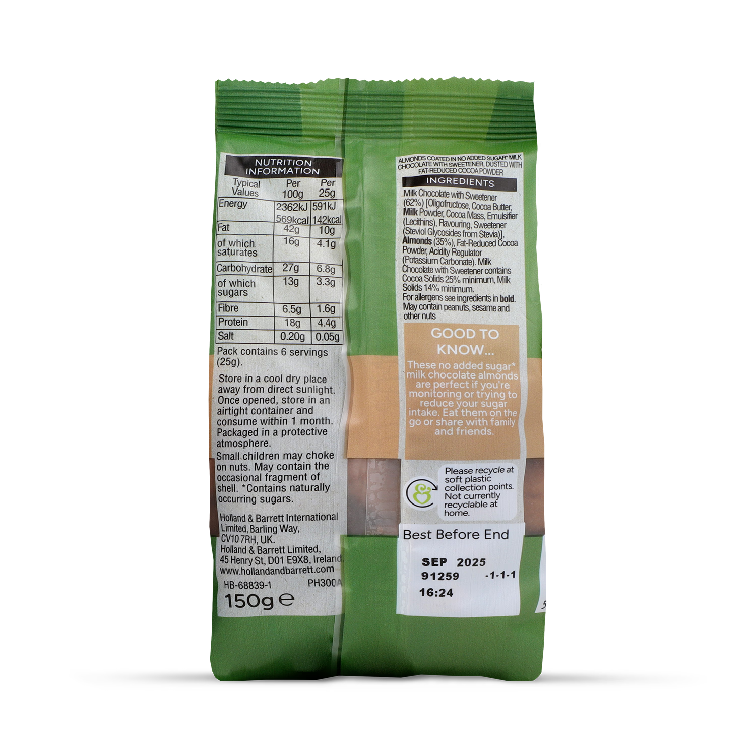 Milk Chocolate Almonds No Added Sugar 150g