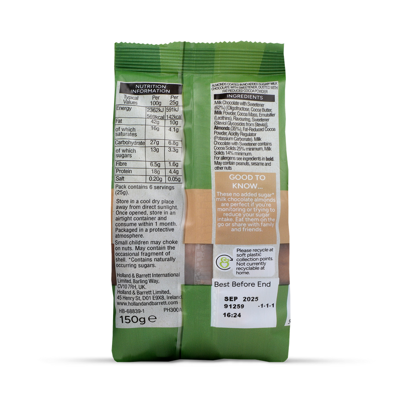 Milk Chocolate Almonds No Added Sugar 150g