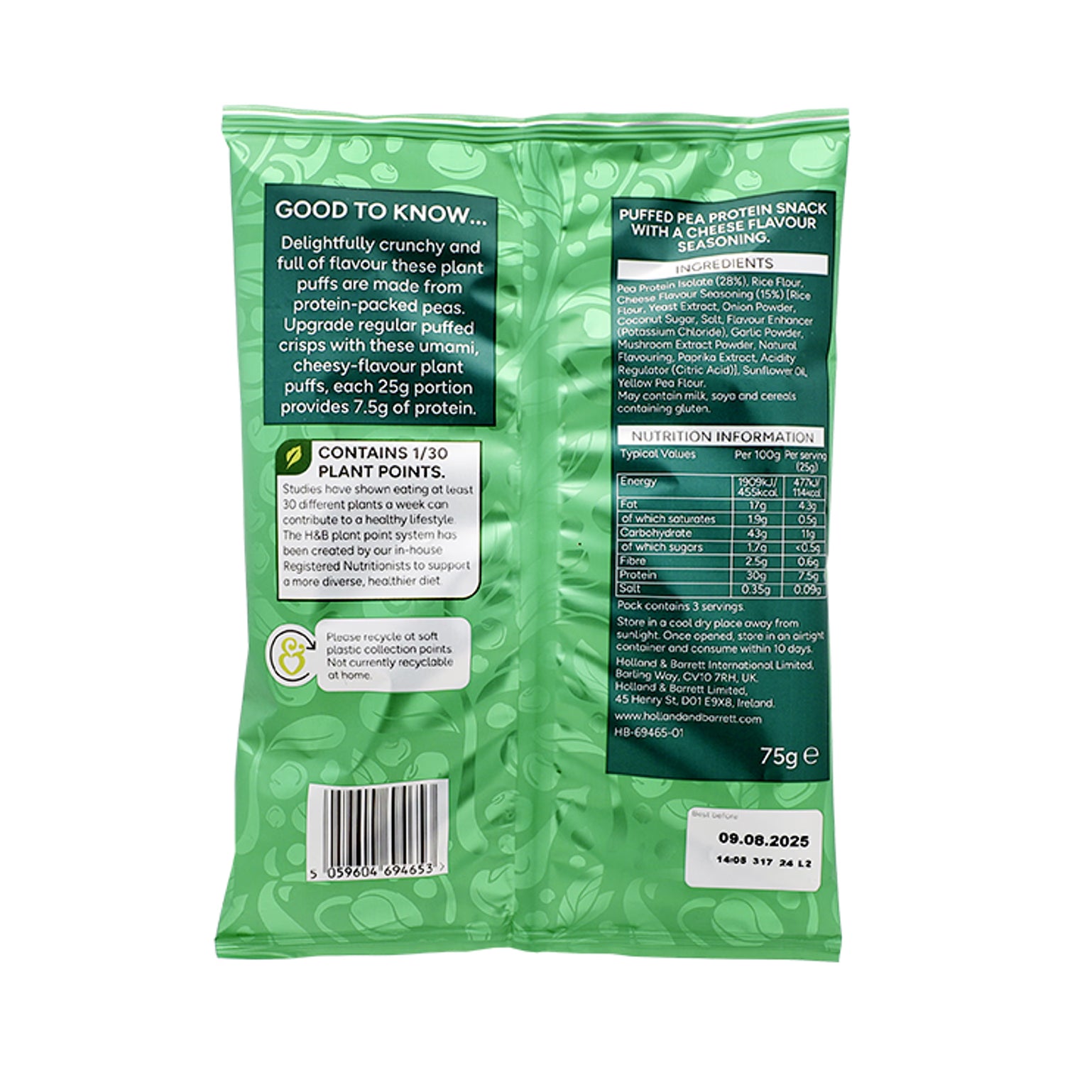 Holland Barrett High Protein Cheesy Plant Puff Crisps 75g