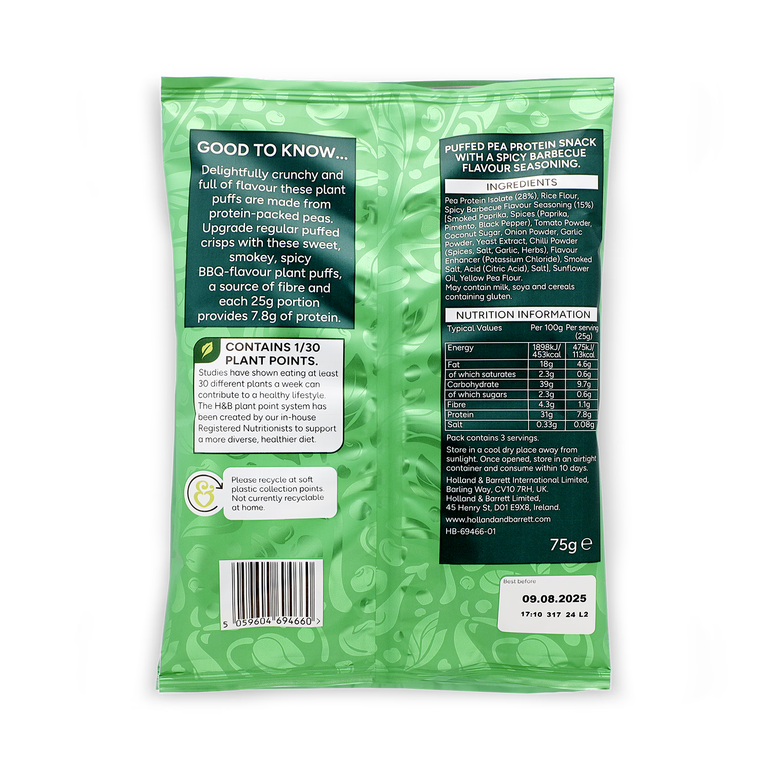 Holland Barrett High Protein BBQ Plant Puff Crisps 75g