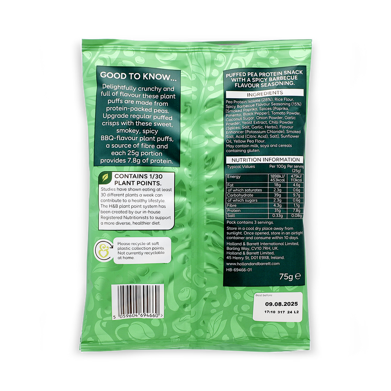 Holland Barrett High Protein BBQ Plant Puff Crisps 75g