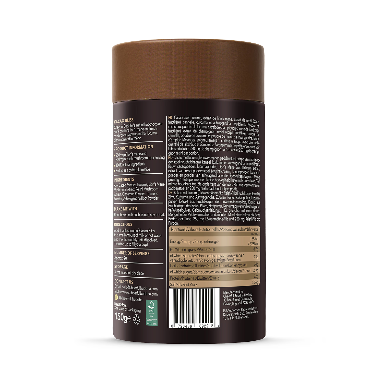 Instant Cacao Hot Chocolate with Lion's Mane, Chaga, and Ashwagandha 150g