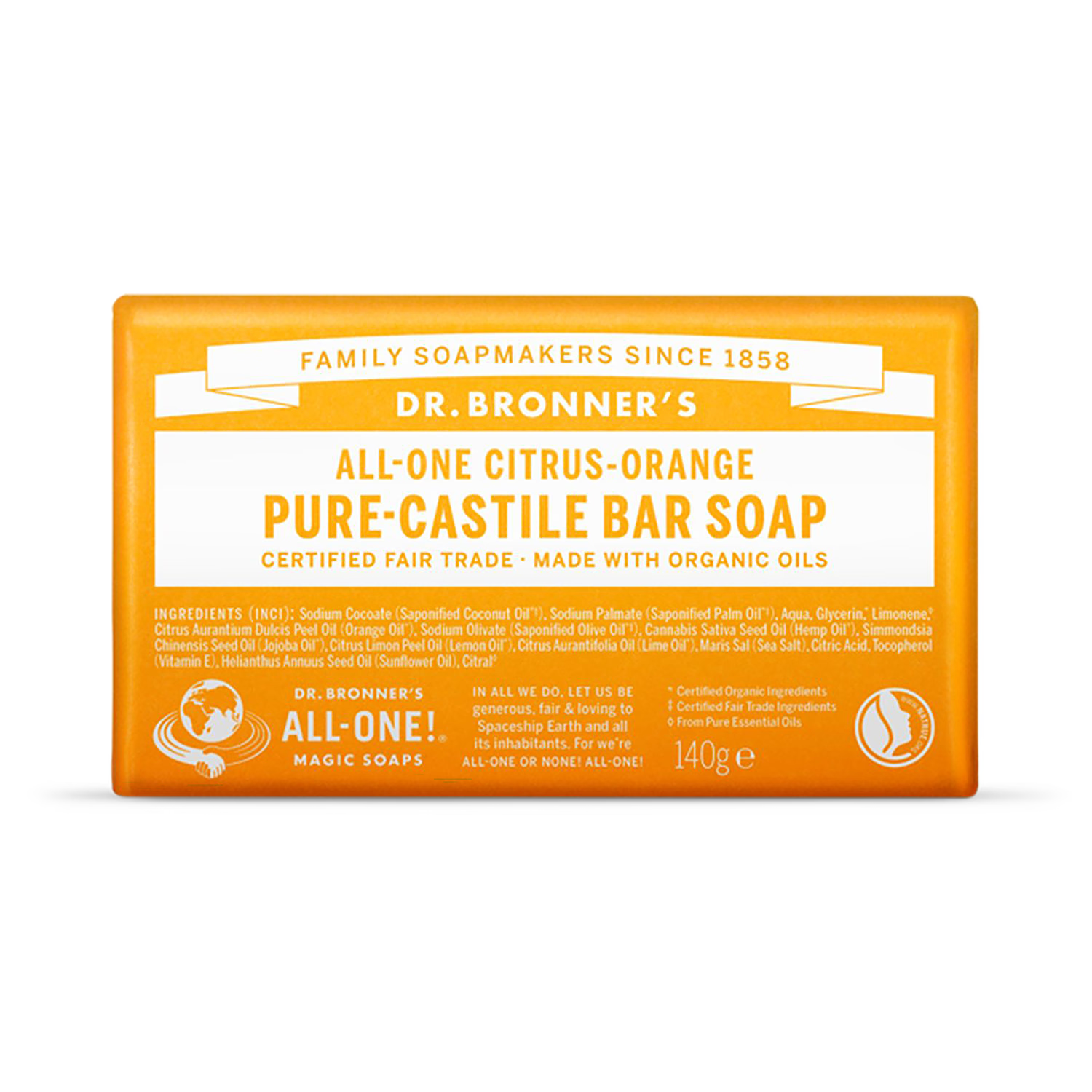Dr Bronner All-One Citrus-Orange Pure-Castile Bar Soap 140g
