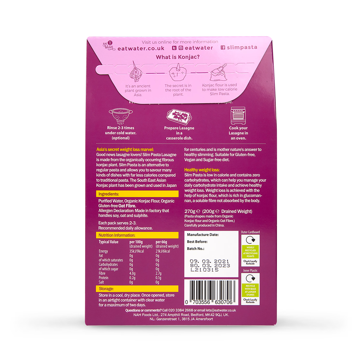 Eat Water Organic Slim Pasta Lasagne 270g