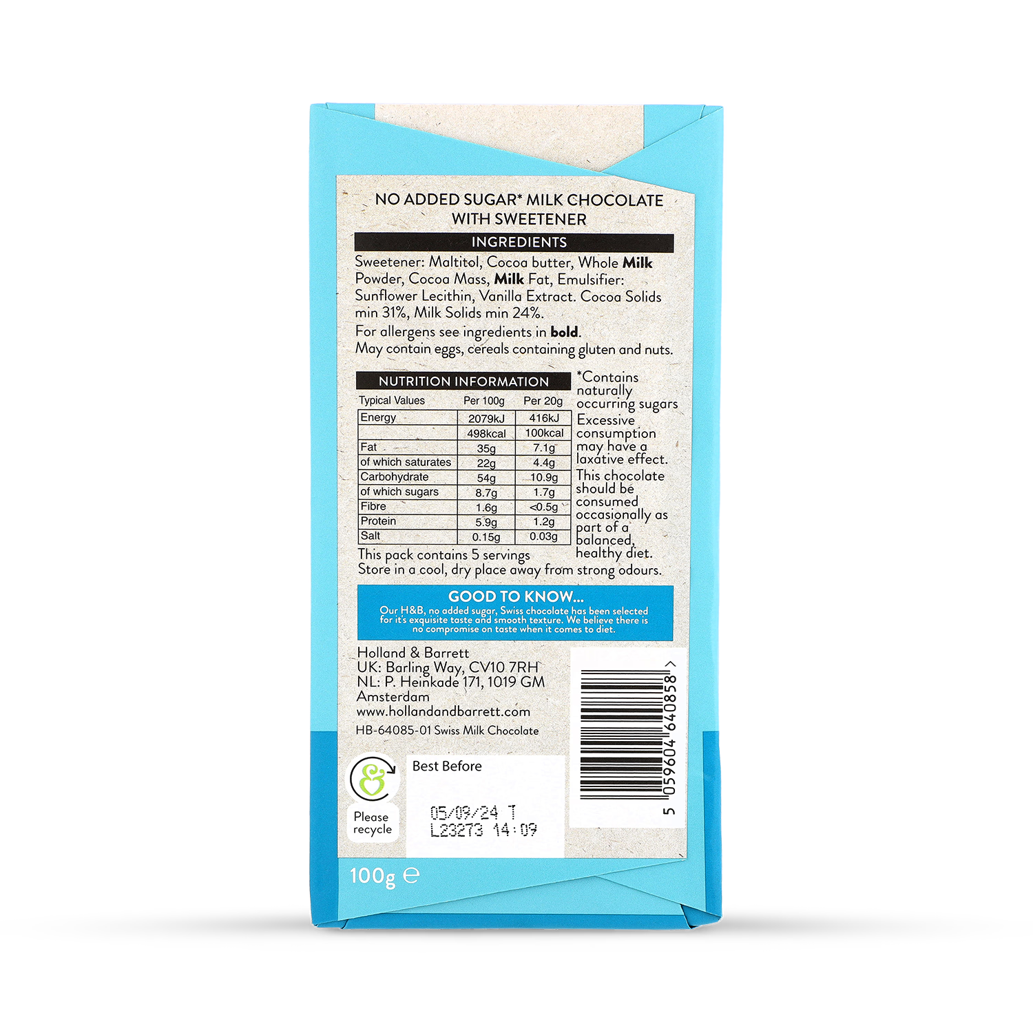 Holland Barrett Swiss Milk Chocolate 100g