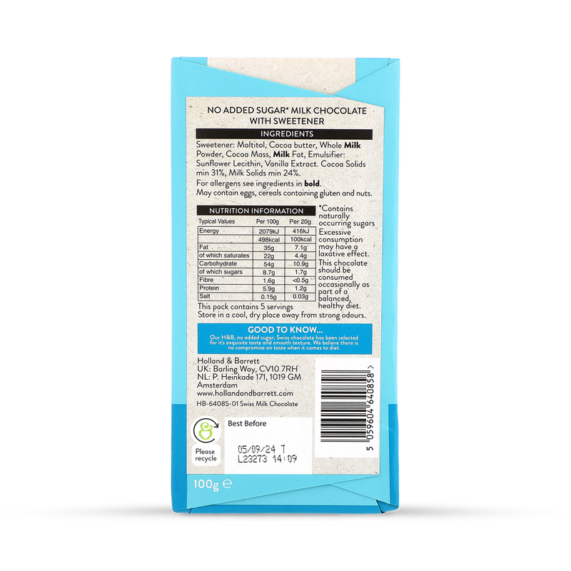 Holland Barrett Swiss Milk Chocolate 100g