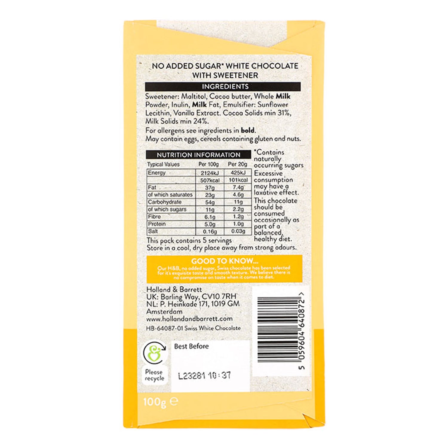 Holland Barrett Swiss White Chocolate 100g