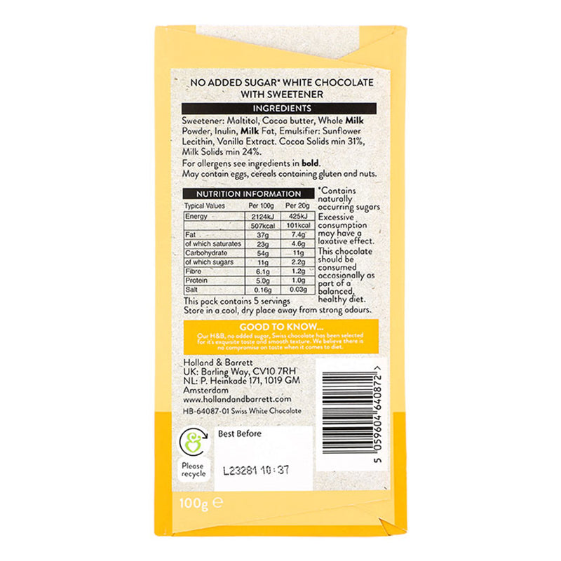 Holland Barrett Swiss White Chocolate 100g