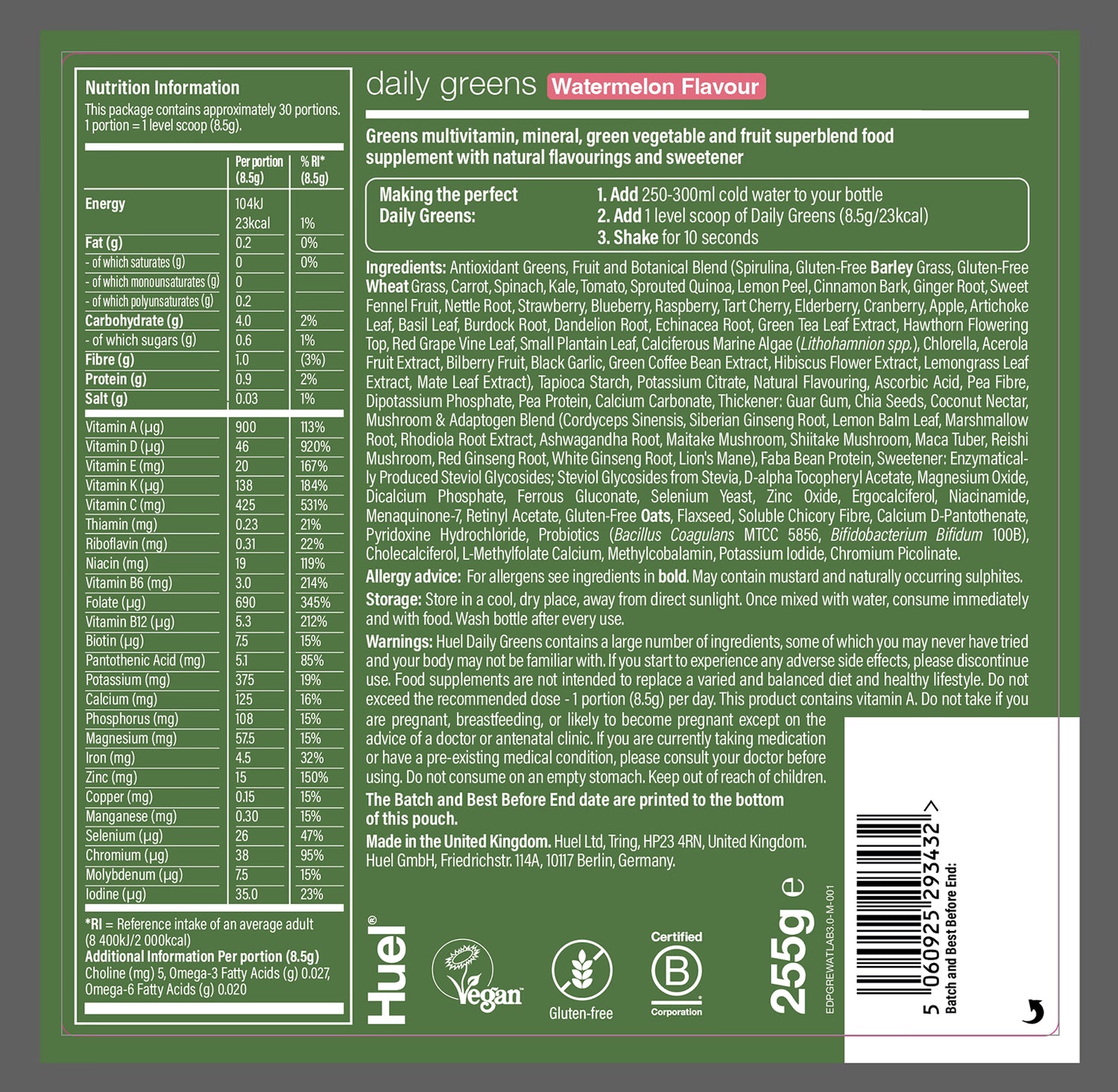 Huel Daily Greens Watermelon 255g