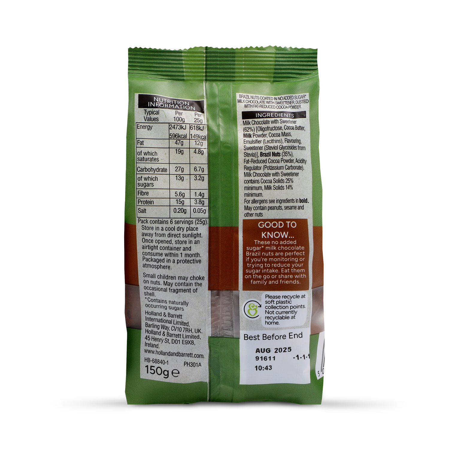 Holland Barrett No Added Sugar Milk Chocolate Brazil Nuts 150g
