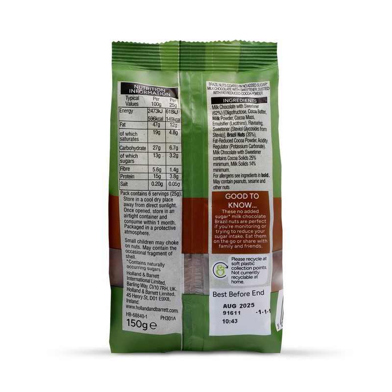 Holland Barrett No Added Sugar Milk Chocolate Brazil Nuts 150g