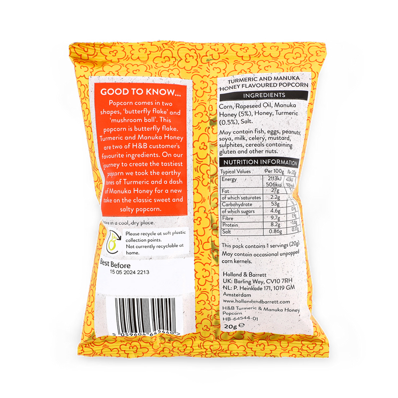 Holland Barrett Turmeric Manuka Honey Popcorn 20g