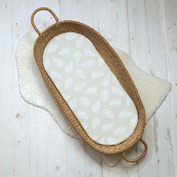 Oval Baby Changing Mat with Palm Bay Leaf Print in Greige