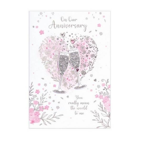 Heart-Shaped Anniversary Card with Floral and Wine Glass Design (Pack of 6 with Envelopes)