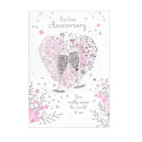 Heart-Shaped Anniversary Card with Floral and Wine Glass Design (Pack of 6 with Envelopes)
