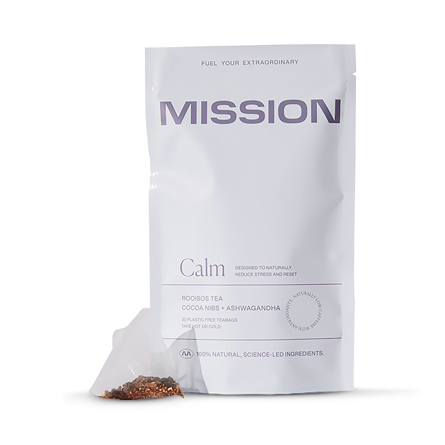 Calming Rooibos Tea Blend with Cocoa Nibs and Ashwagandha, 30 Plastic-Free Pyramid Teabags