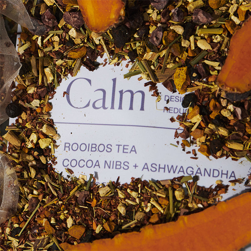 Calming Rooibos Tea Blend with Cocoa Nibs and Ashwagandha, 30 Plastic-Free Pyramid Teabags