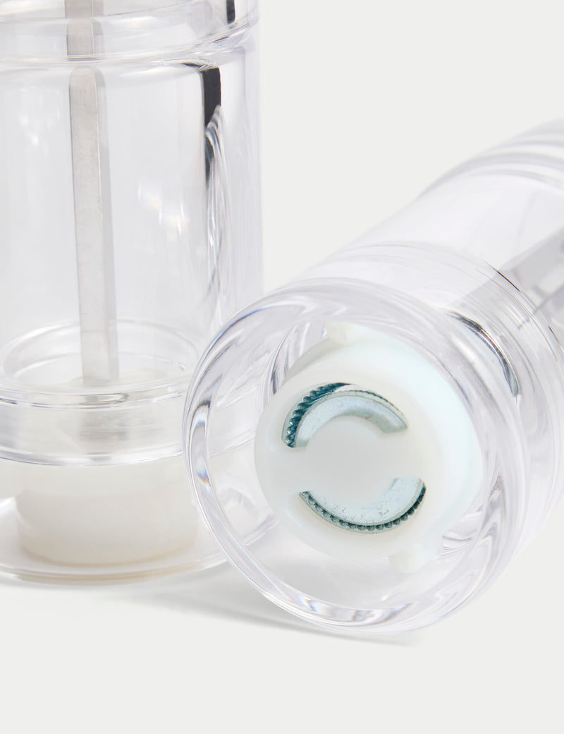 Clear plastic salt and pepper mills (British brand)