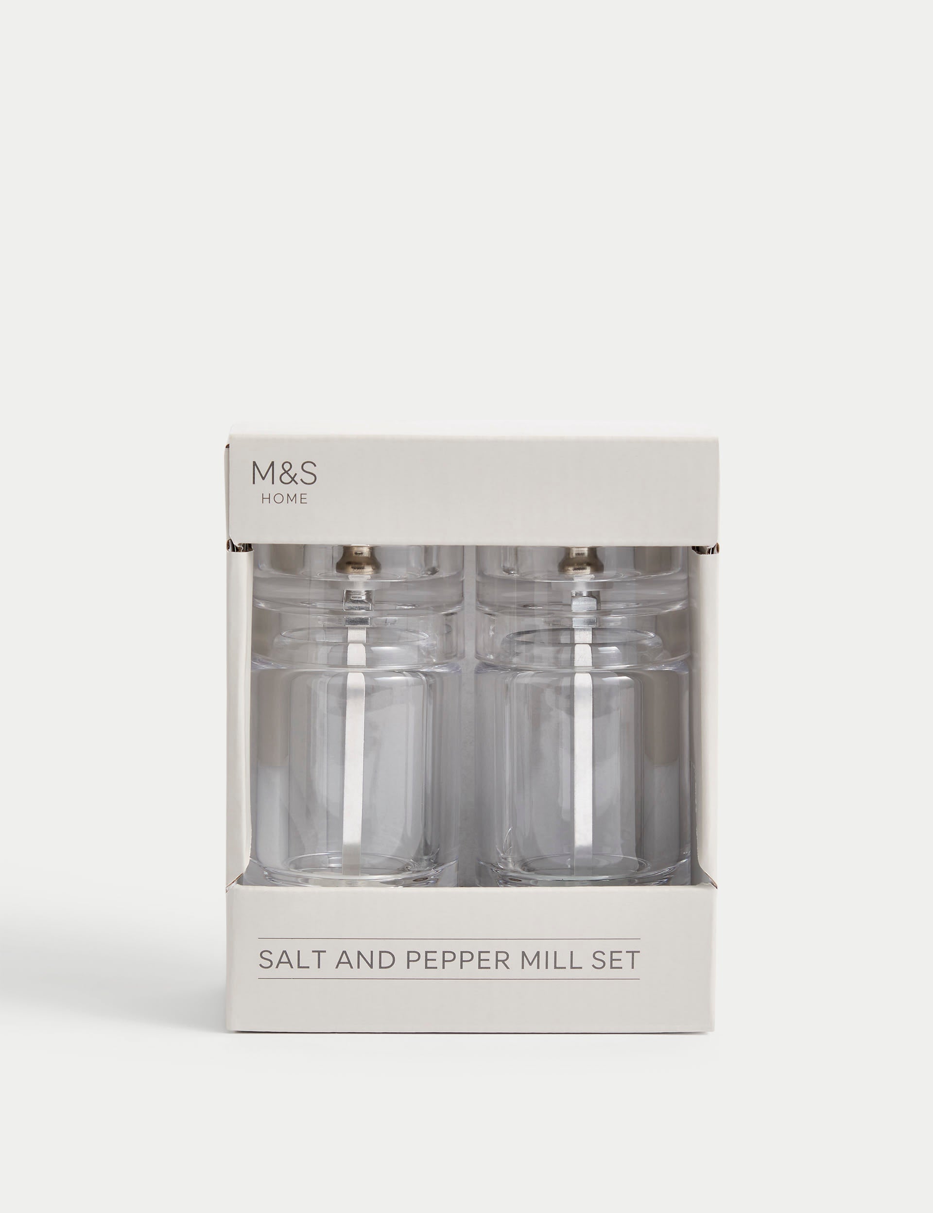 Clear plastic salt and pepper mills (British brand)