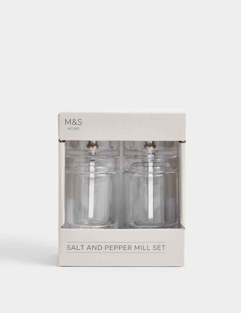 Clear plastic salt and pepper mills (British brand)