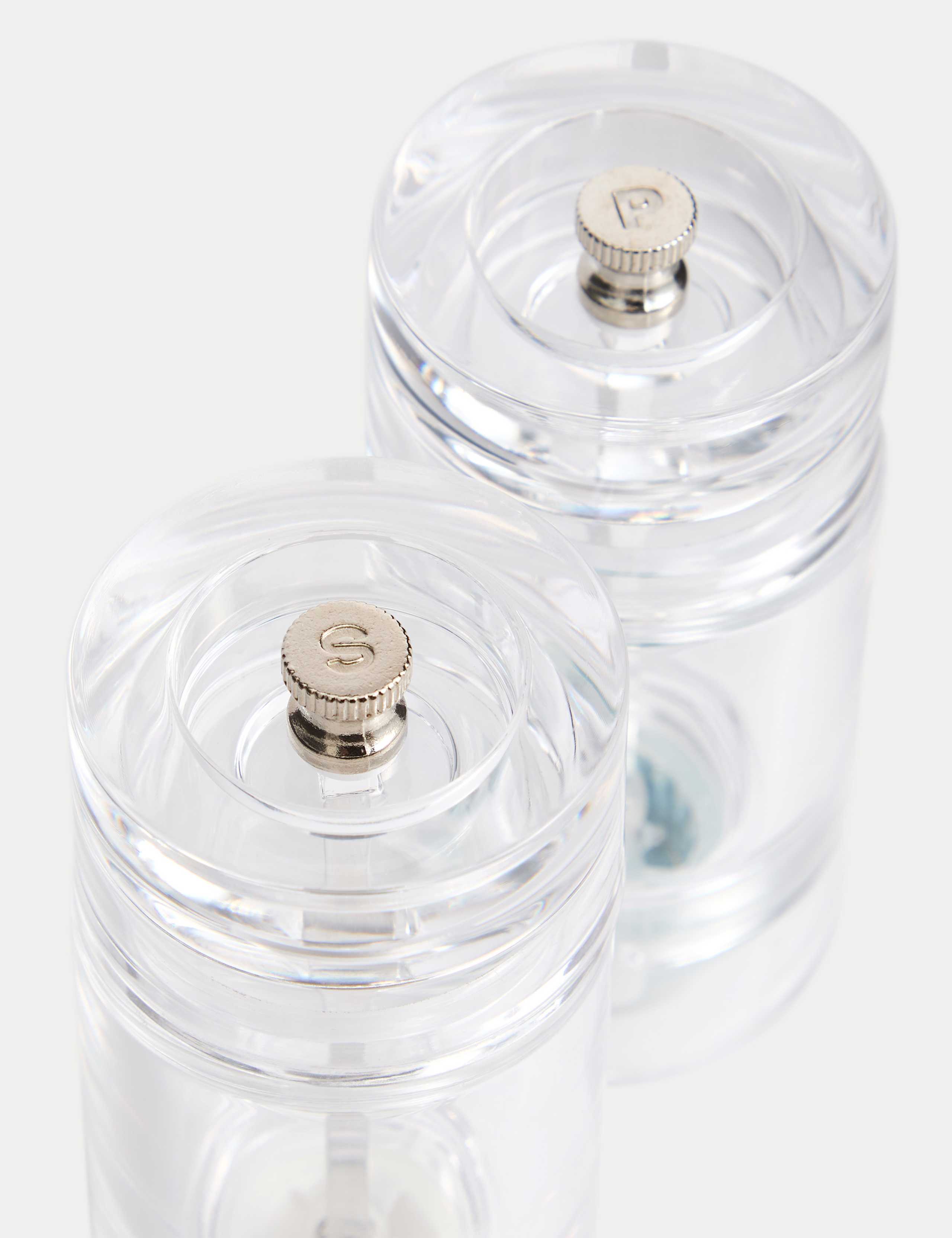 Clear plastic salt and pepper mills (British brand)