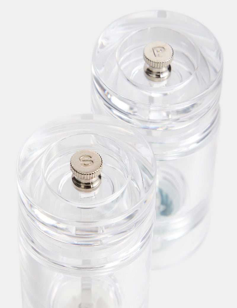 Clear plastic salt and pepper mills (British brand)