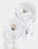 Clear plastic salt and pepper mills (British brand)