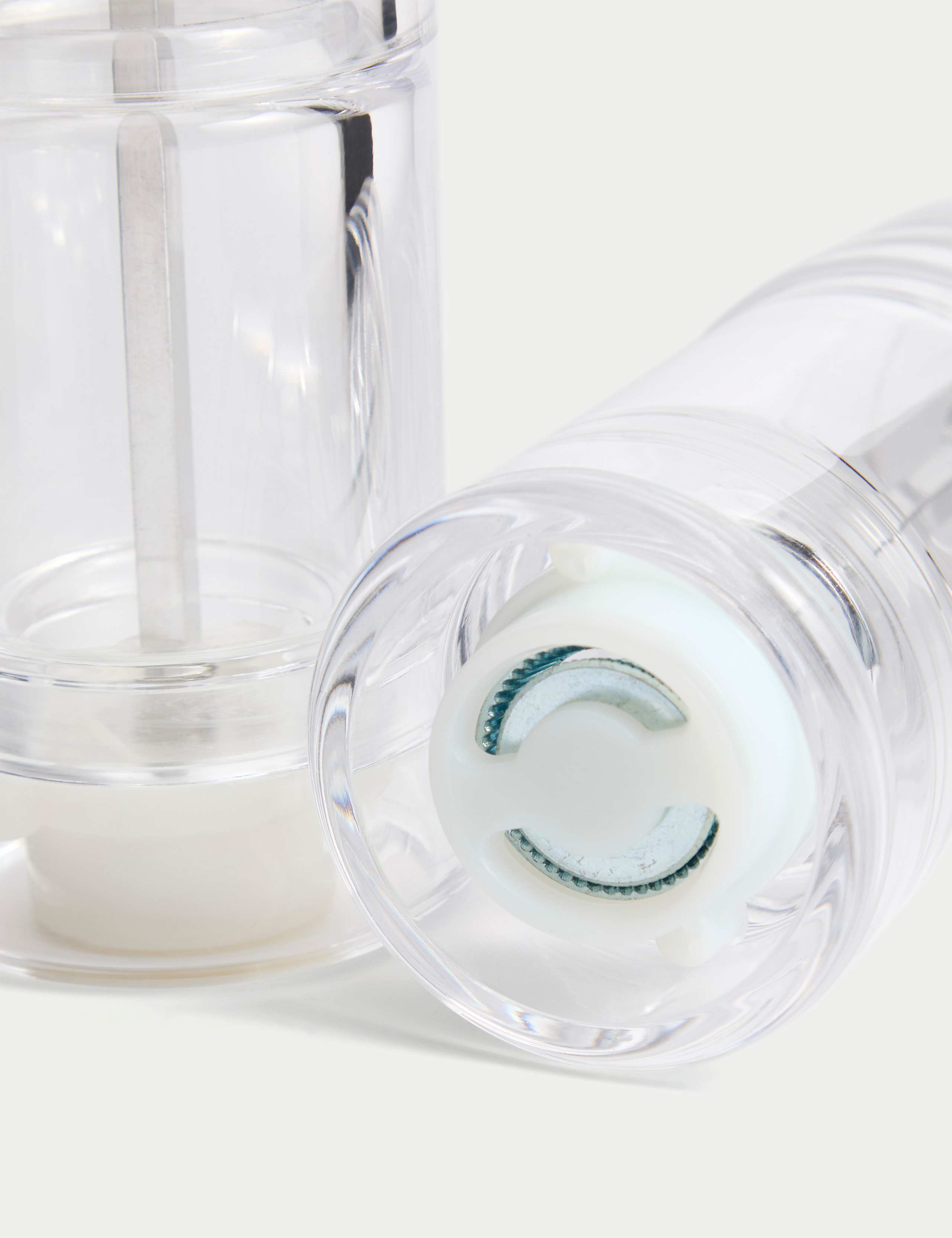 Clear plastic salt and pepper mills (British brand)