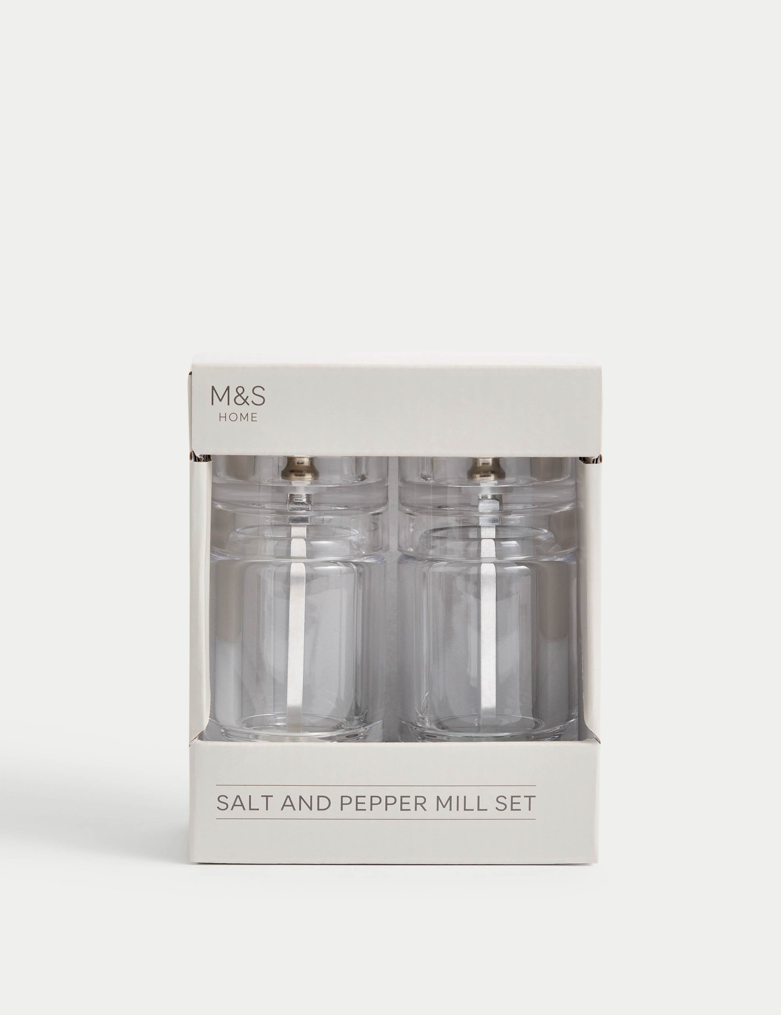 Clear plastic salt and pepper mills (British brand)
