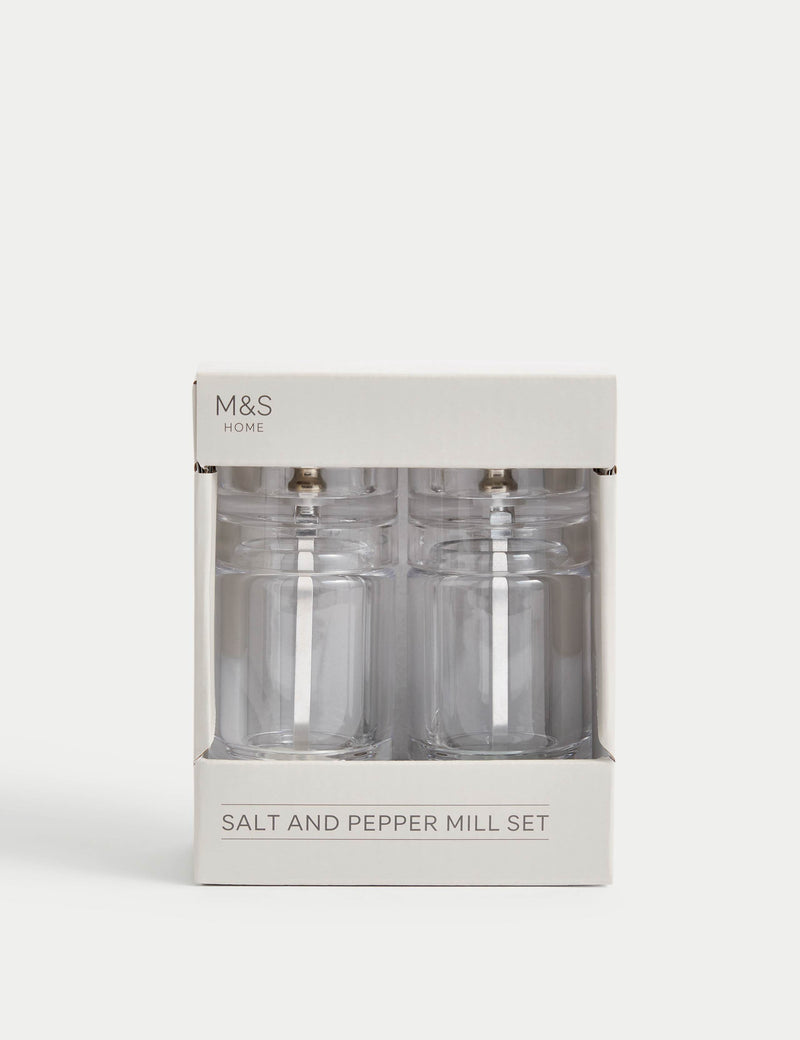 Clear plastic salt and pepper mills (British brand)