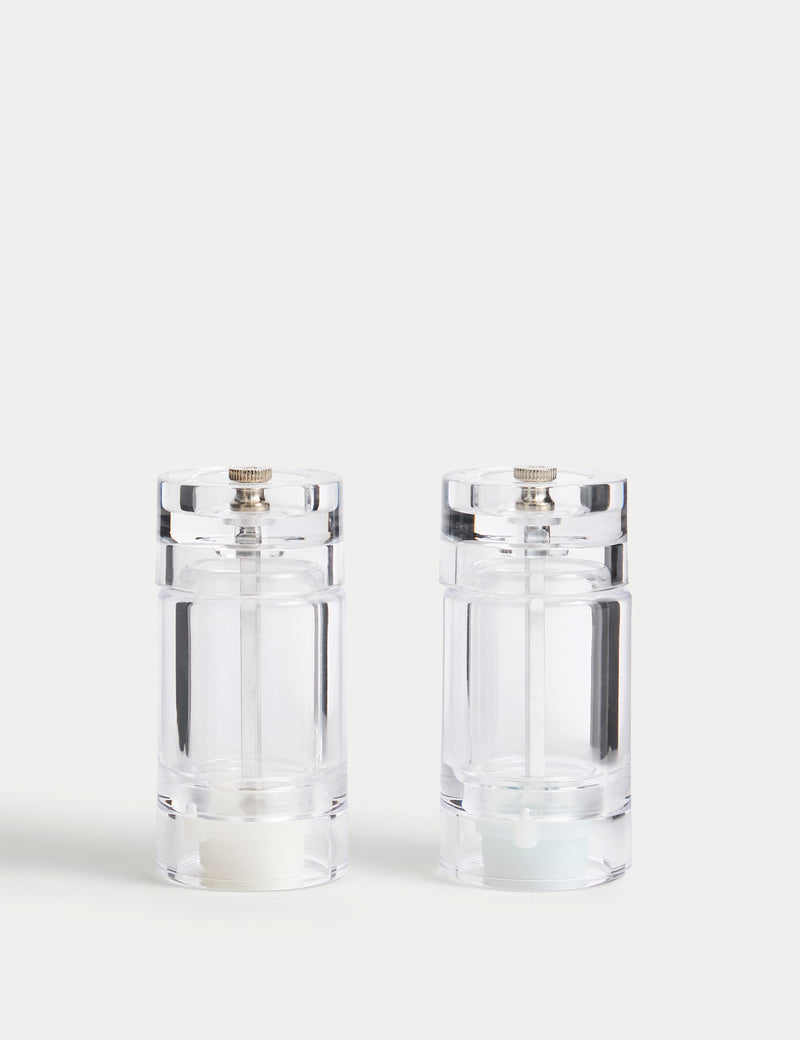 Clear plastic salt and pepper mills (British brand)