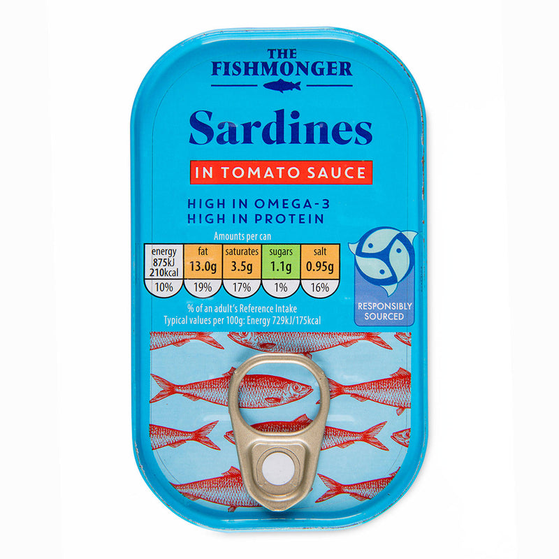 Sardines in tomato sauce tin, gluten-free - British product