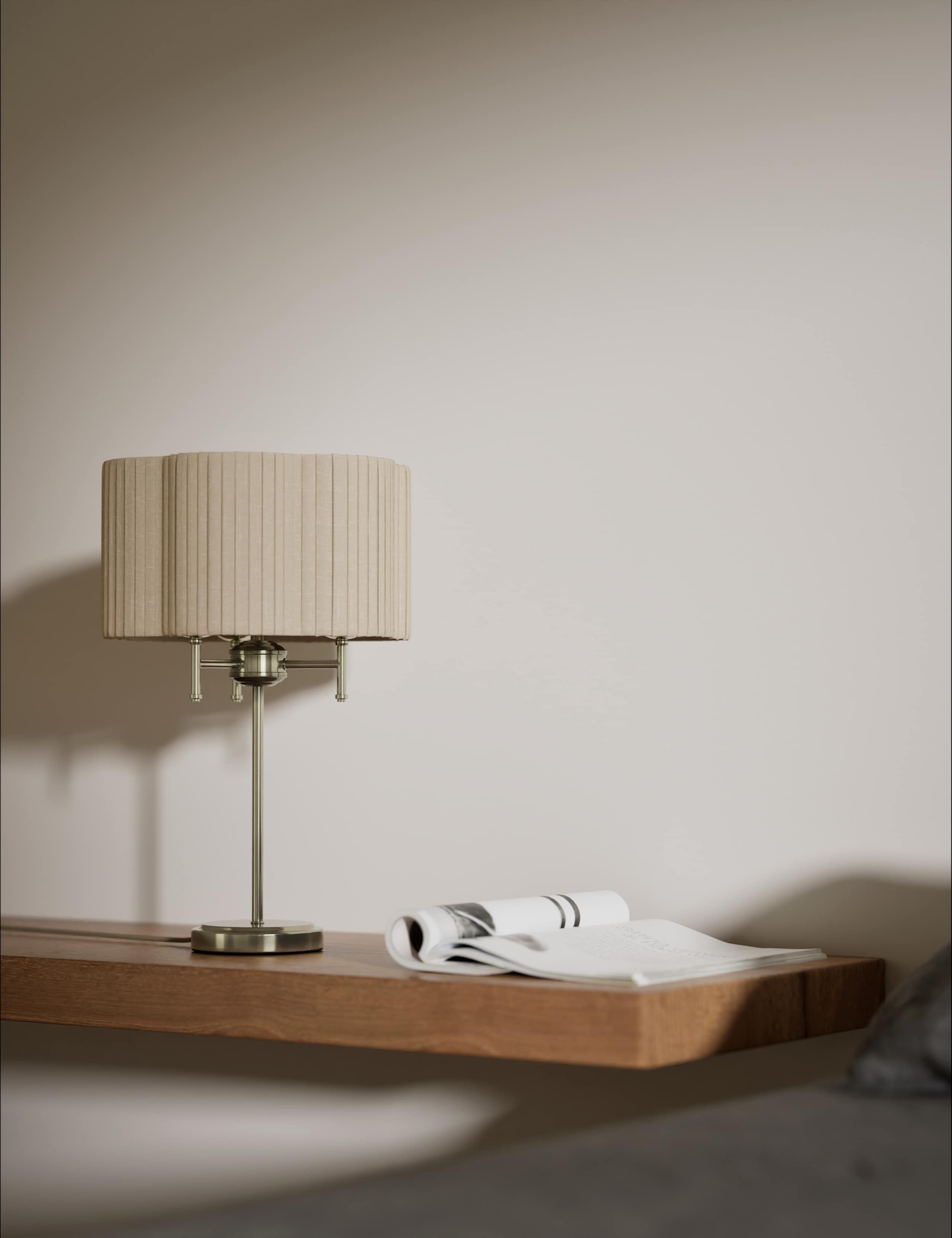 Scallop pleated shade brass base table lamp, imported from the UK