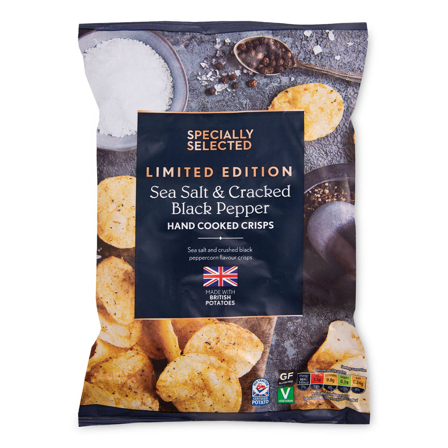 Hand cooked crisps sea salt and cracked black pepper (British brand)