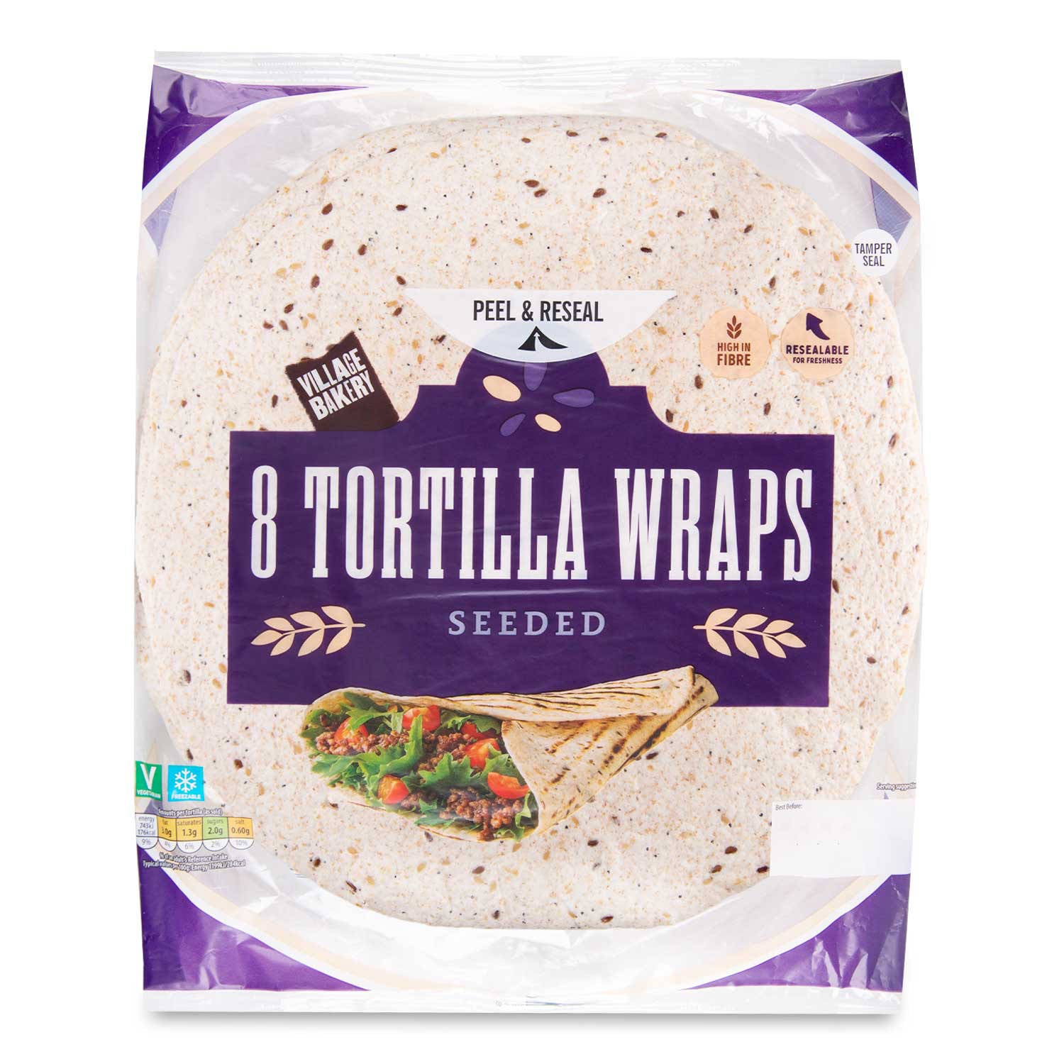 Seeded tortilla wraps made with wheat flour - British product