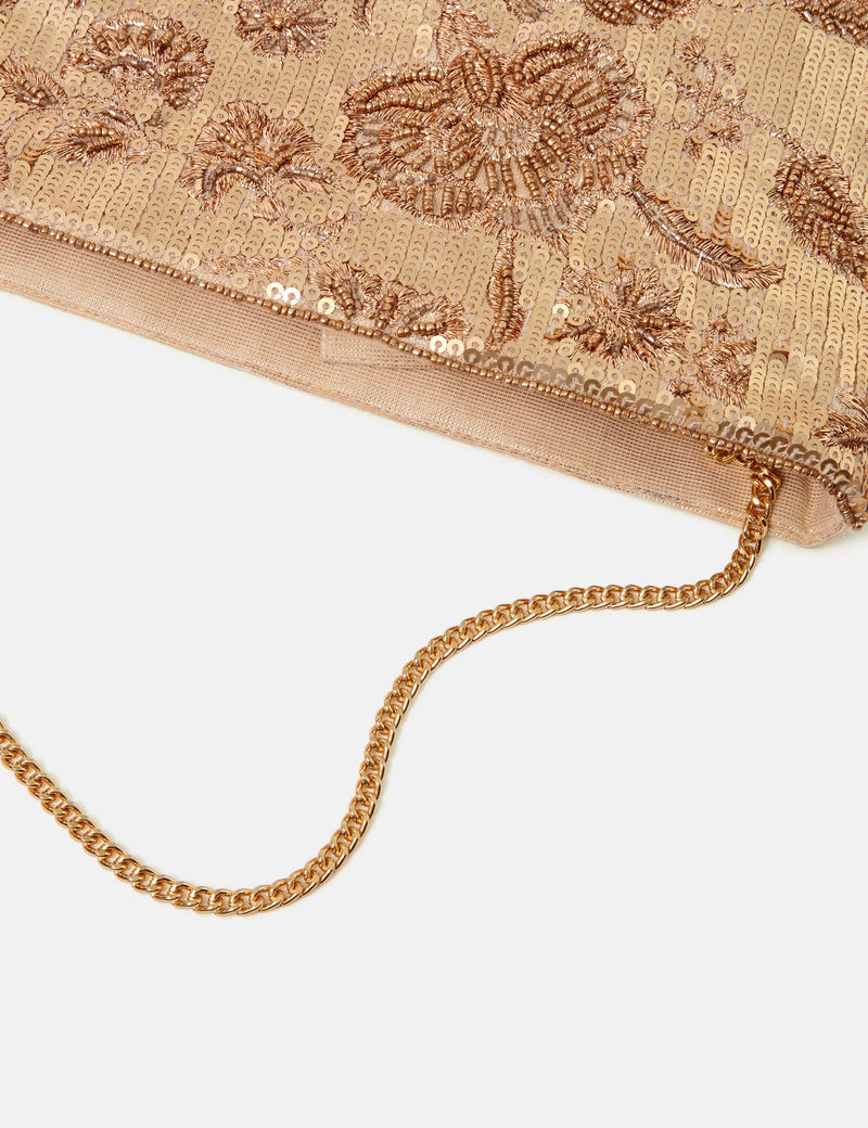 Accessorize sequin clutch bag with floral beaded chain strap (British brand)