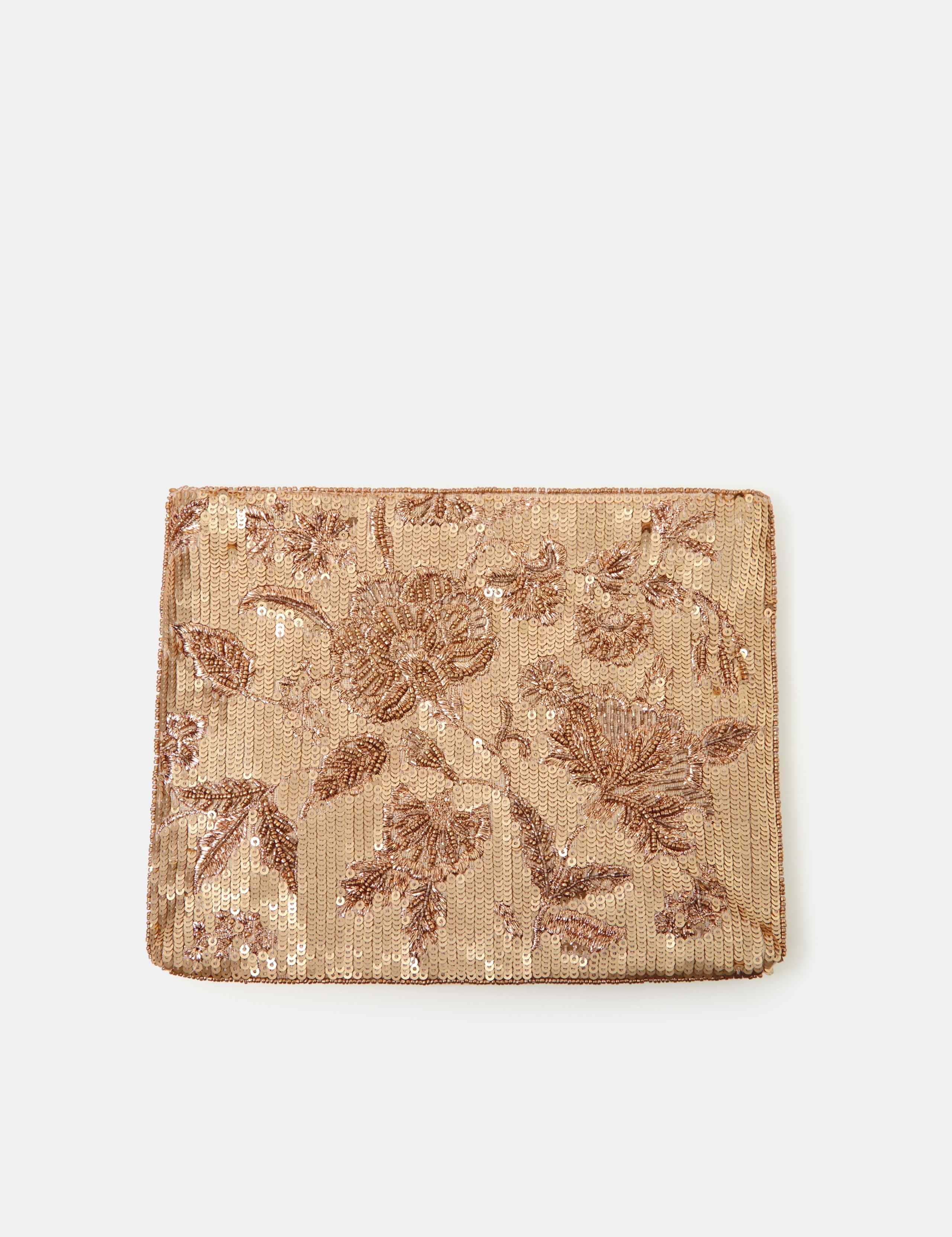 Accessorize sequin clutch bag with floral beaded chain strap (British brand)