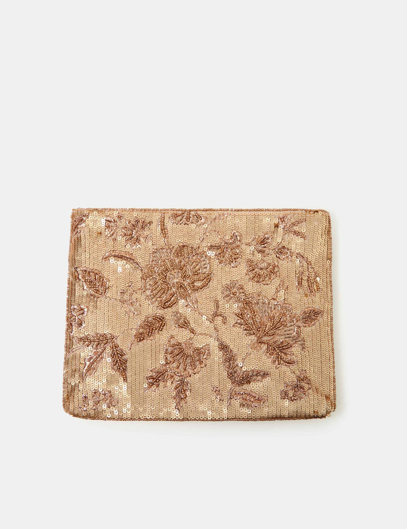 Accessorize sequin clutch bag with floral beaded chain strap (British brand)