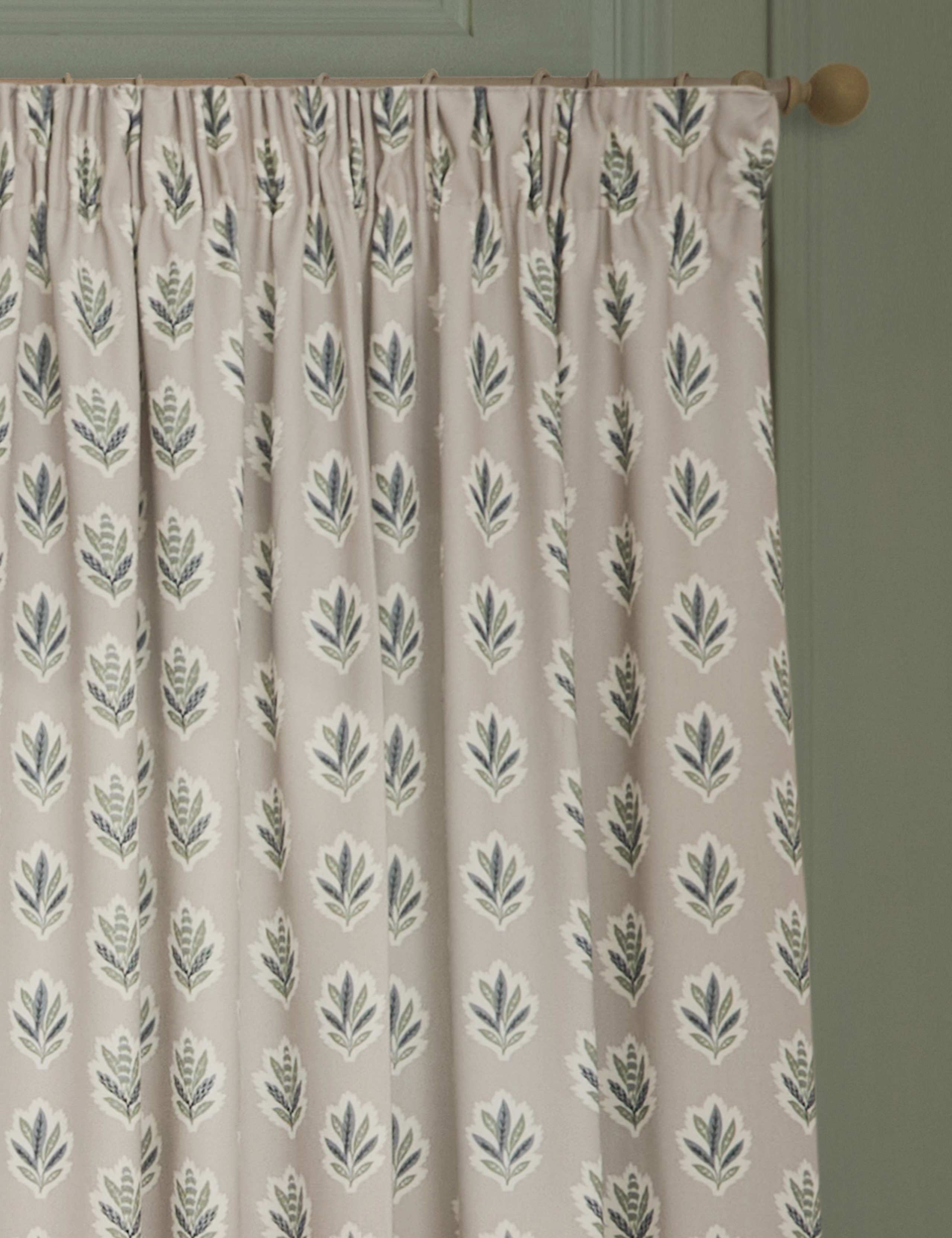 Sanderson Sessile Leaf Pencil Pleat curtains, imported from the UK