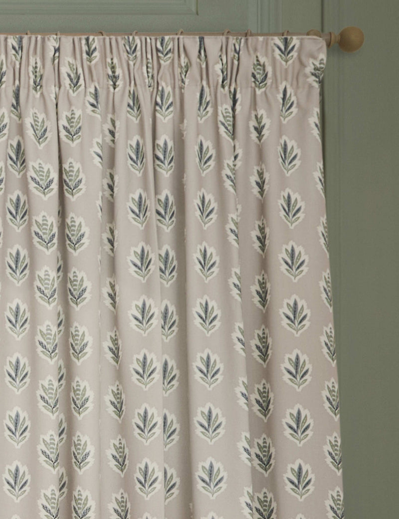 Sanderson Sessile Leaf Pencil Pleat curtains, imported from the UK
