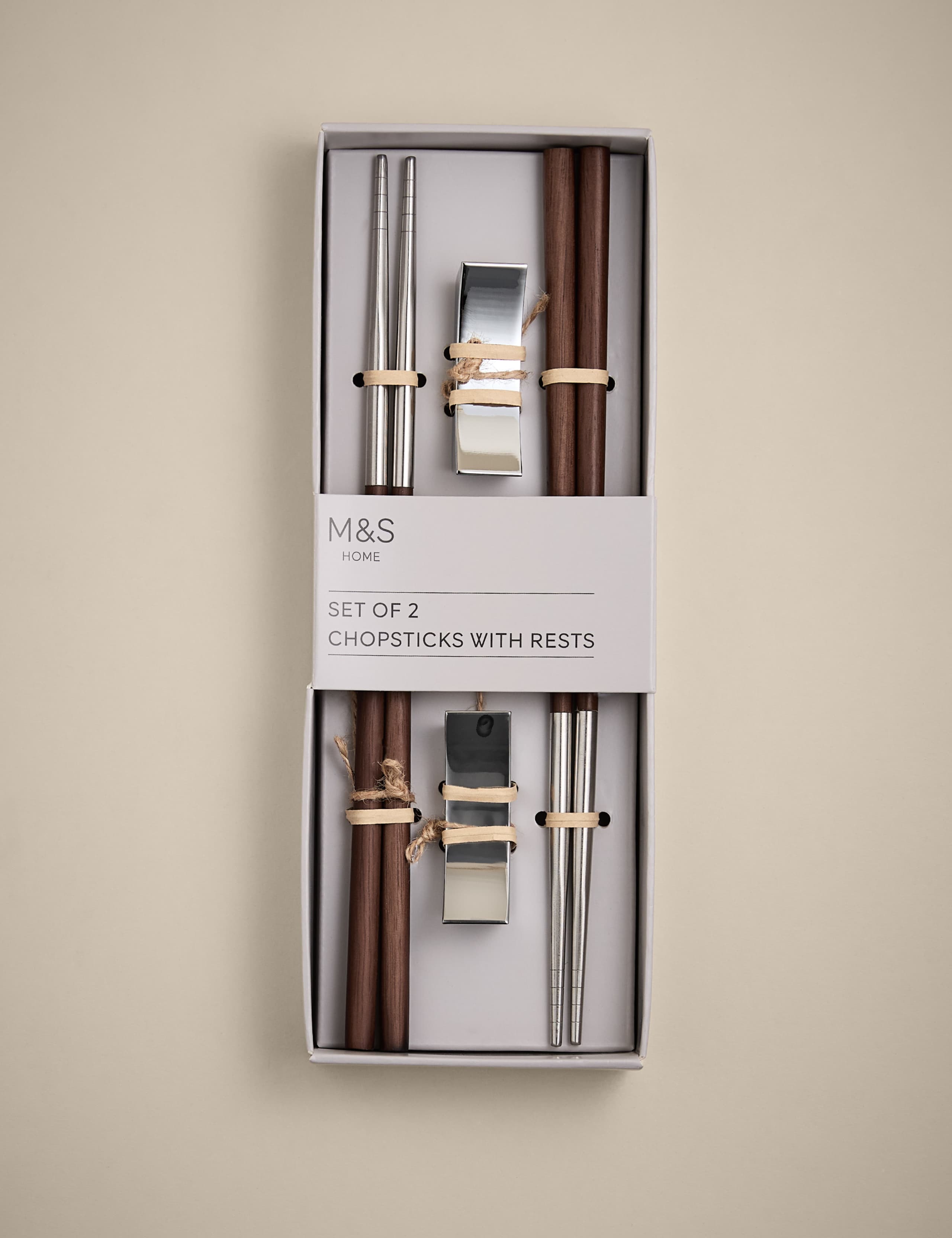 Set of two chopsticks with rests in metal and wood, UK version