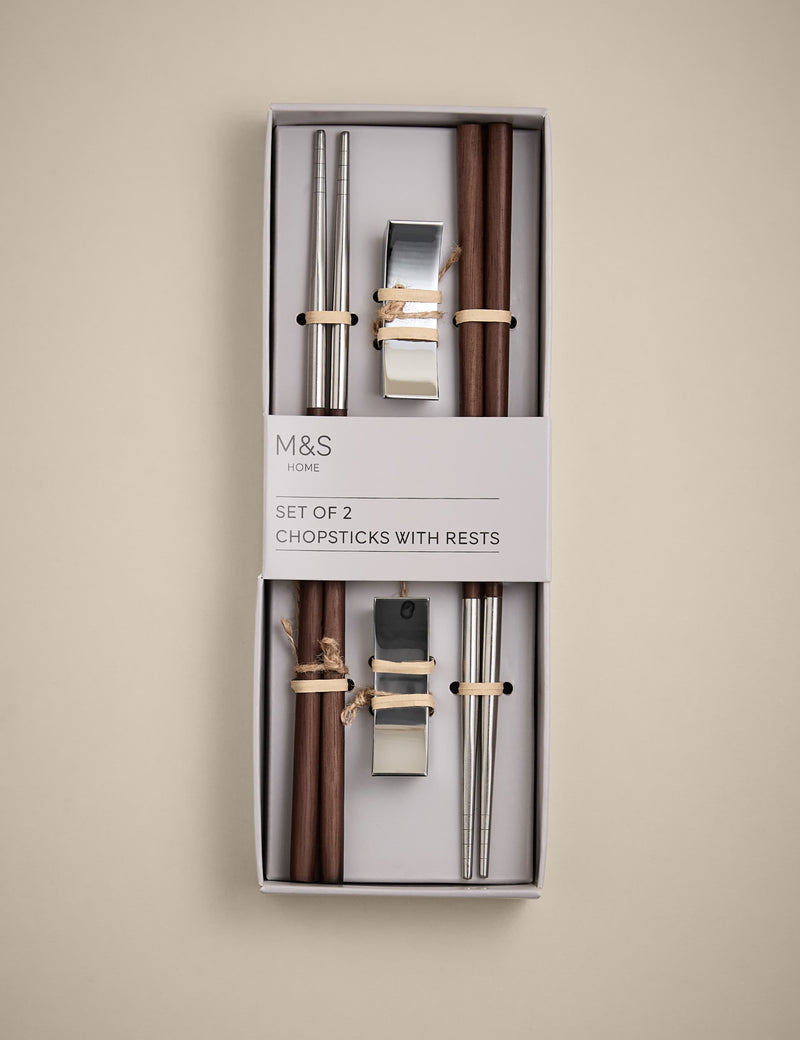 Set of two chopsticks with rests in metal and wood, UK version