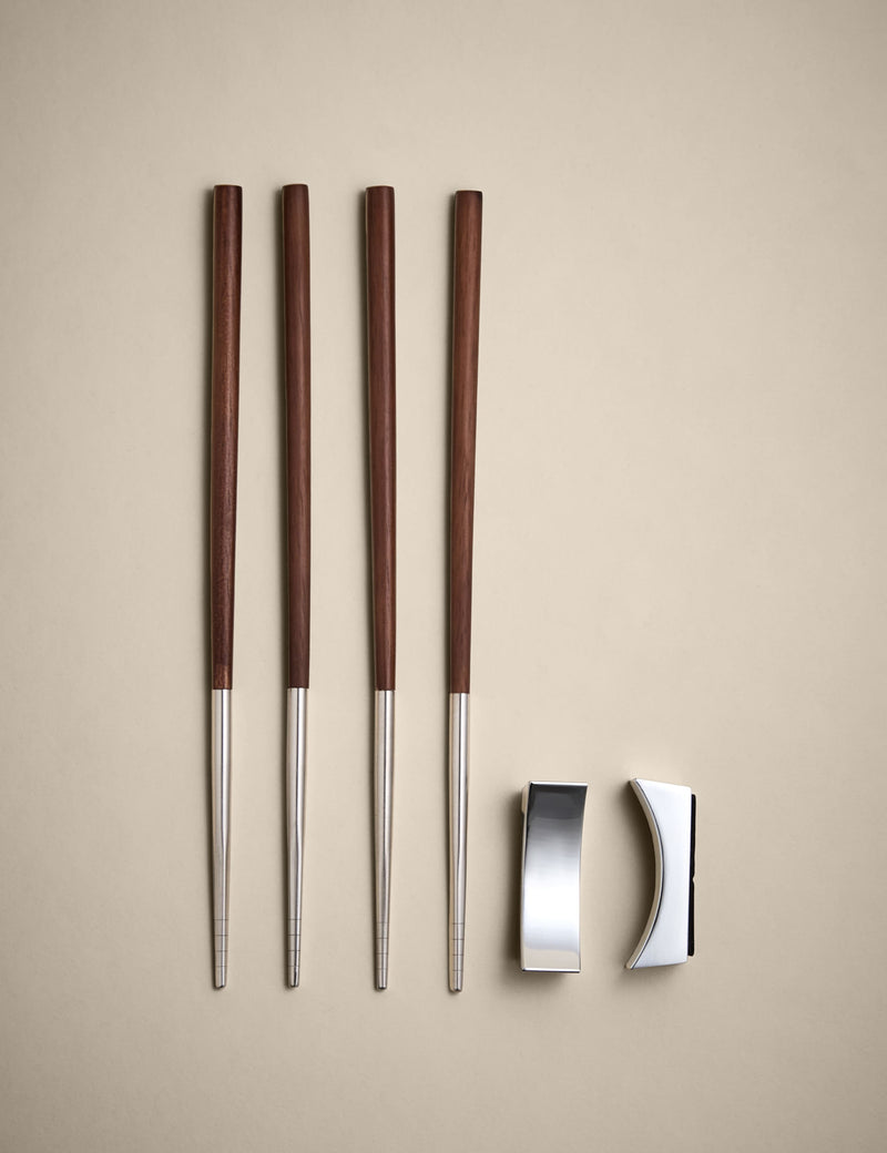 Set of two chopsticks with rests in metal and wood, UK version
