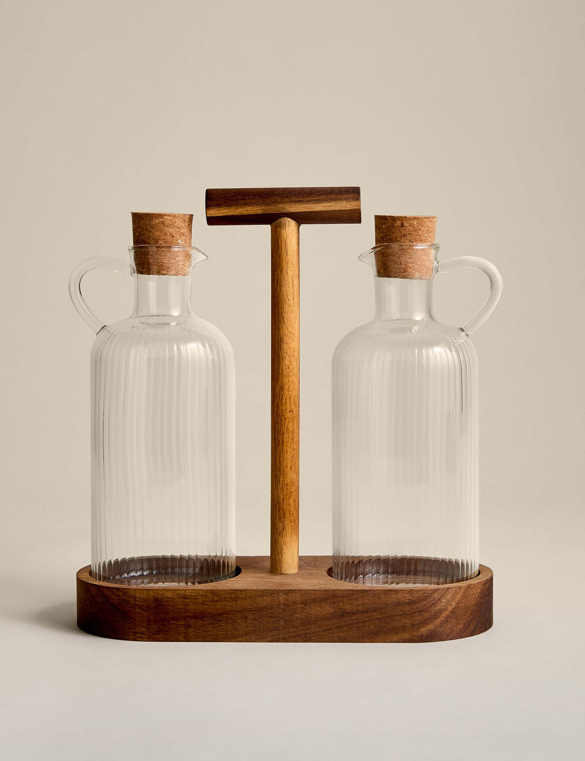 Glass oil pourers set of two with acacia wood caddy (British brand)