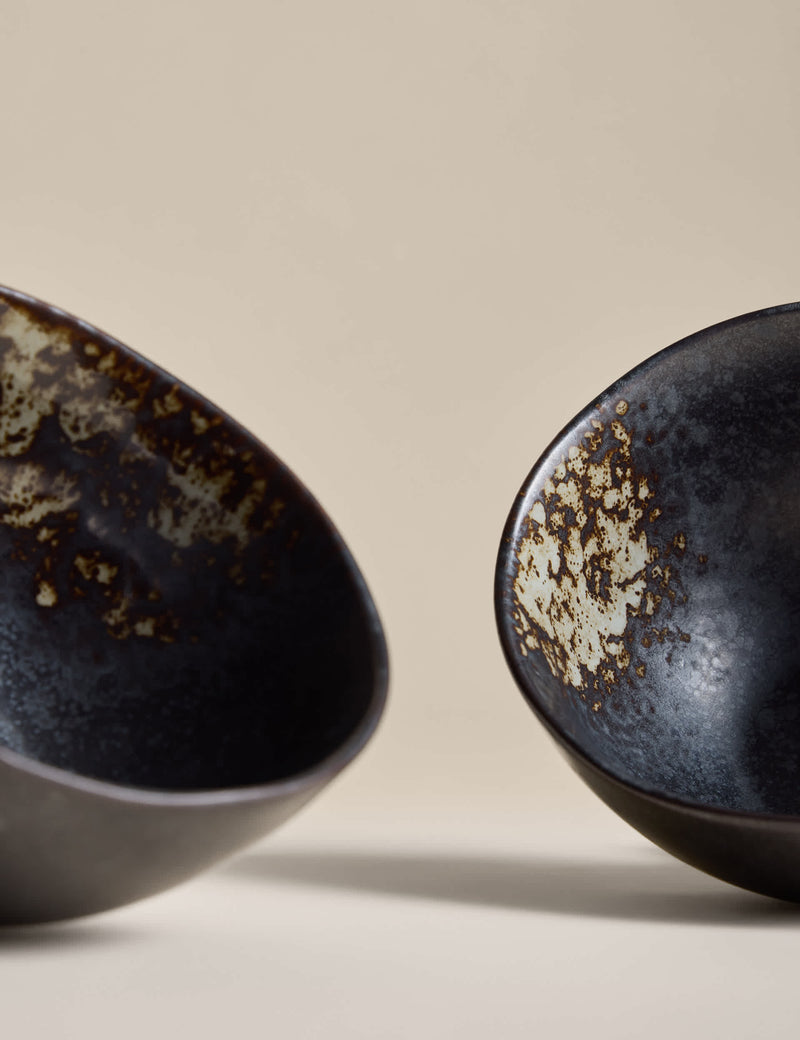 Set of 2 oxidised soy stoneware nibble bowls, imported from the UK