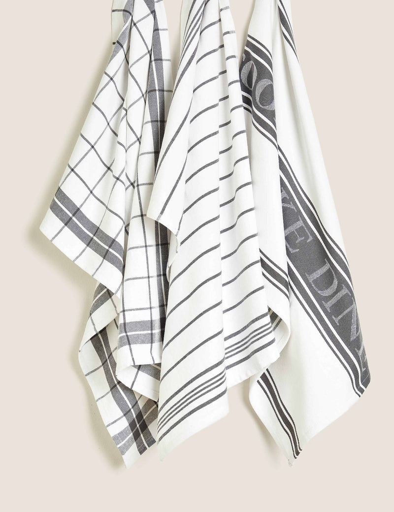 Set of 3 cotton rich striped tea towels (British brand)