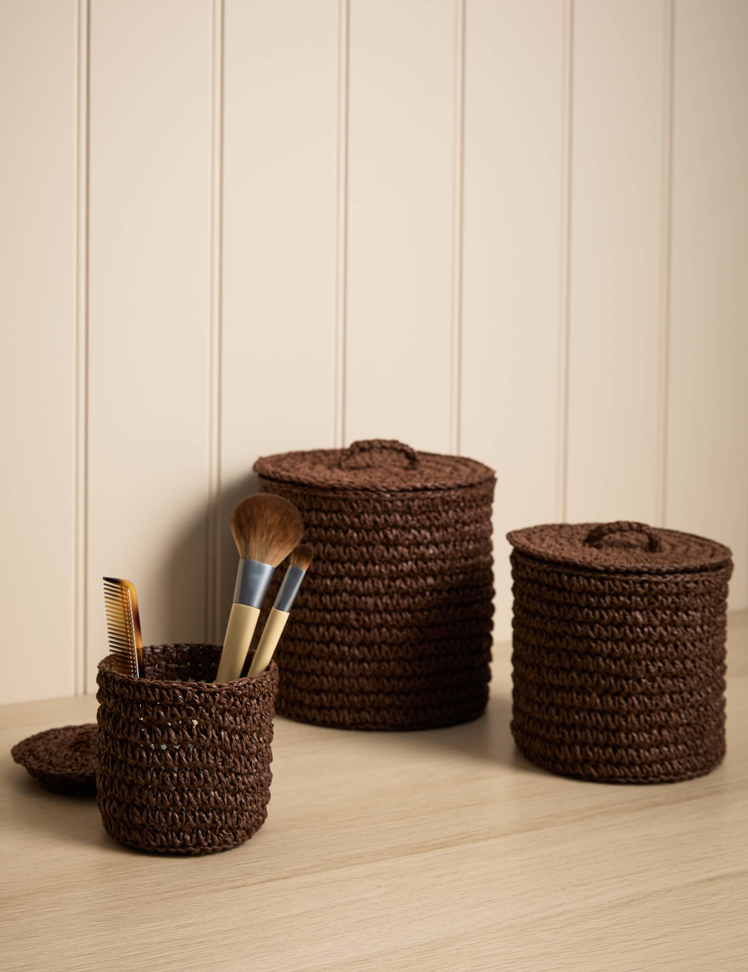 Set of 3 Raffia Small Lidded Pots